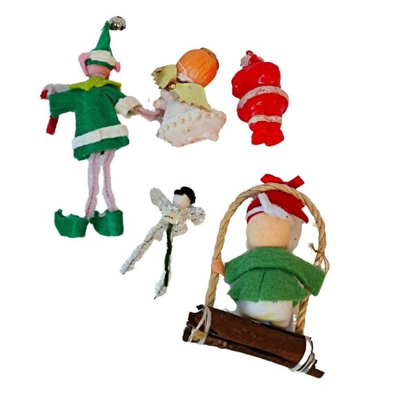 5 Vintage Christmas Ornaments Elf Celluloid Santa Flocked Angel Chenille Snowman - Picture 6 of 6